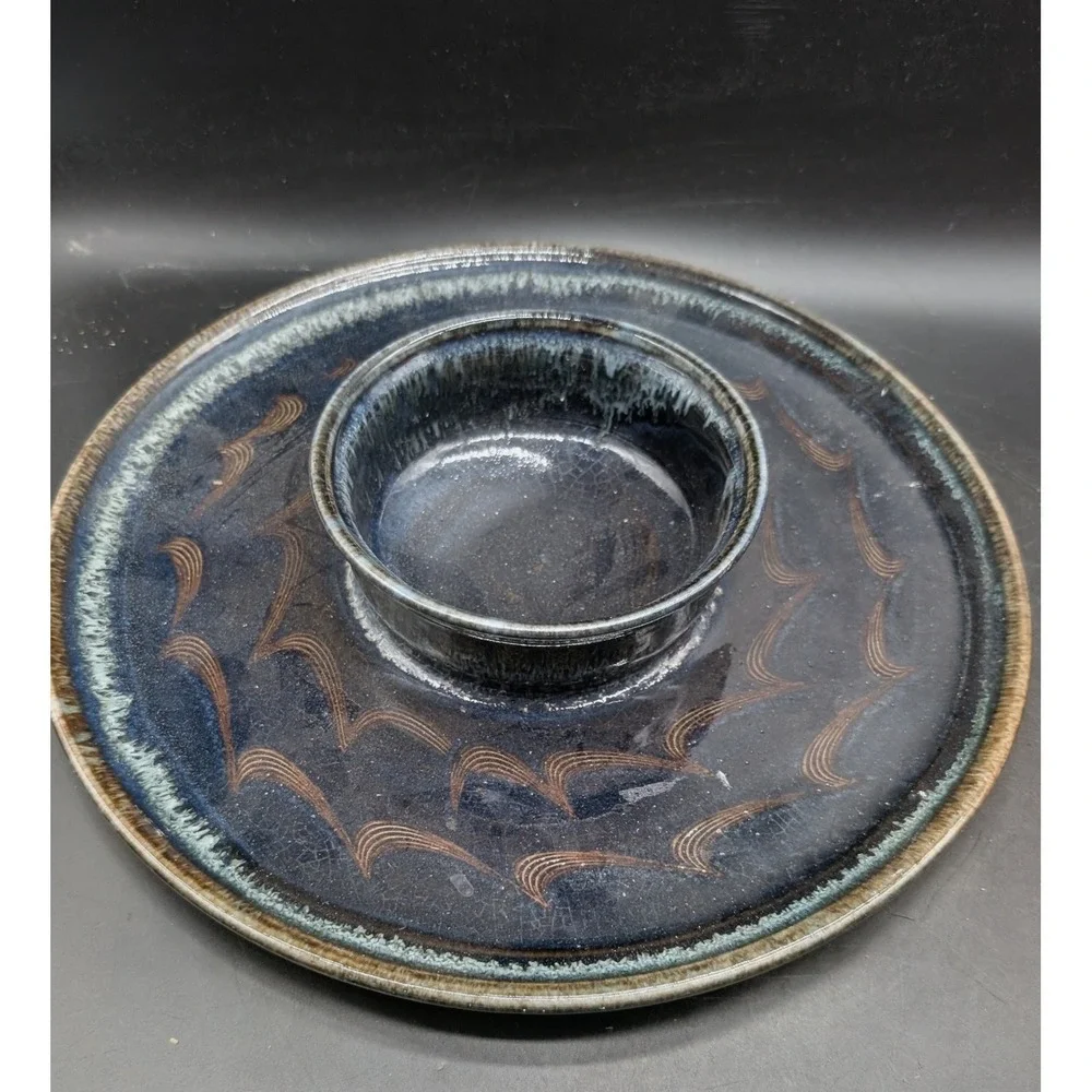 Studio Pottery Chip and Dip Serving Set Blue Brown Combed Wave Ceramic Signed